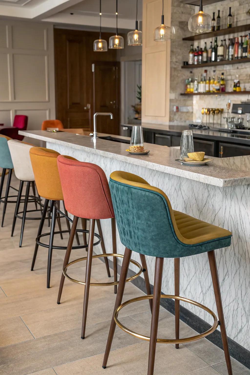 Varied seating adds character to your kitchen bar.