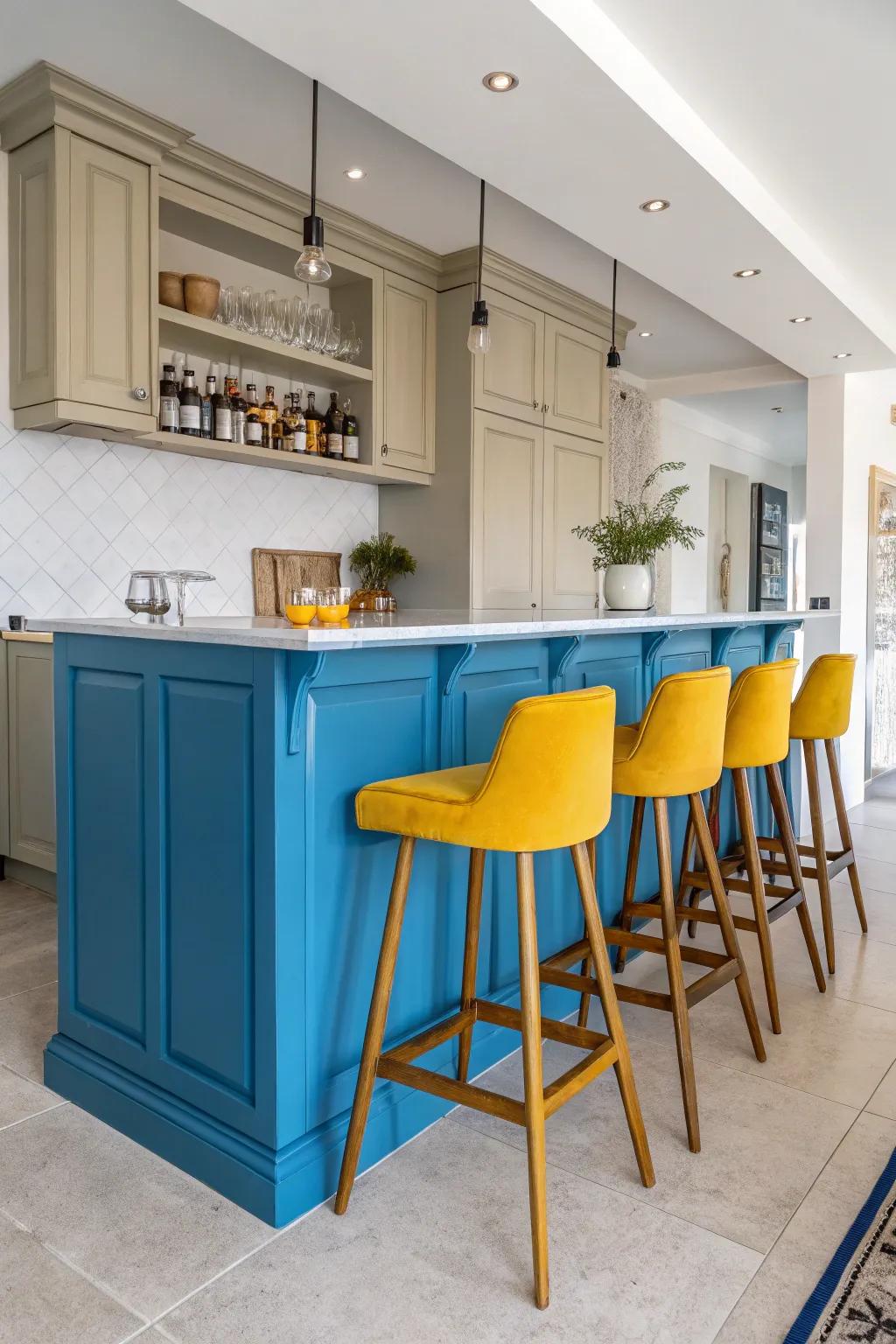 Vibrant colors can transform your kitchen bar into an eye-catching focal point.