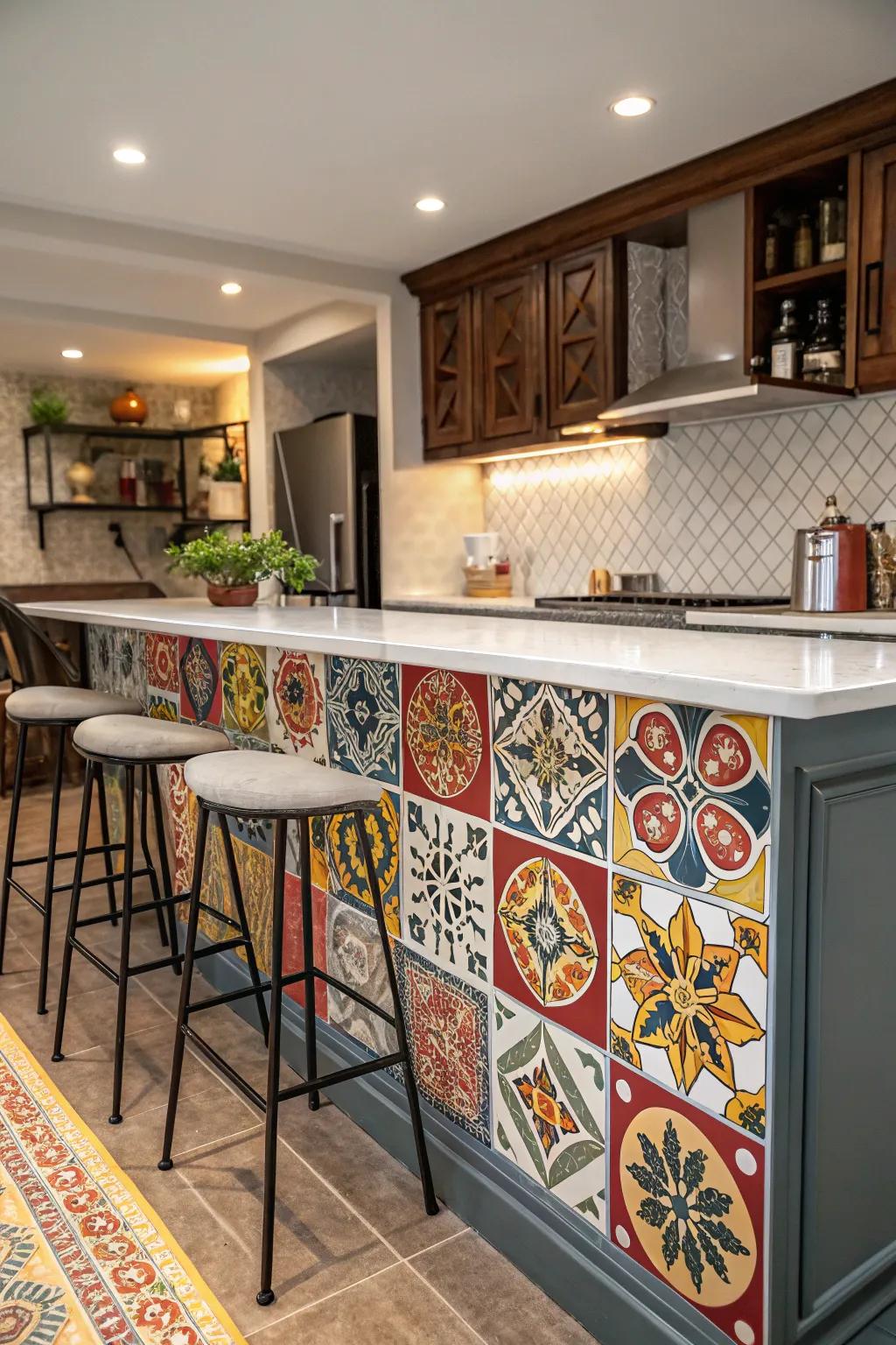 Use tile patterns to add texture to your kitchen bar.