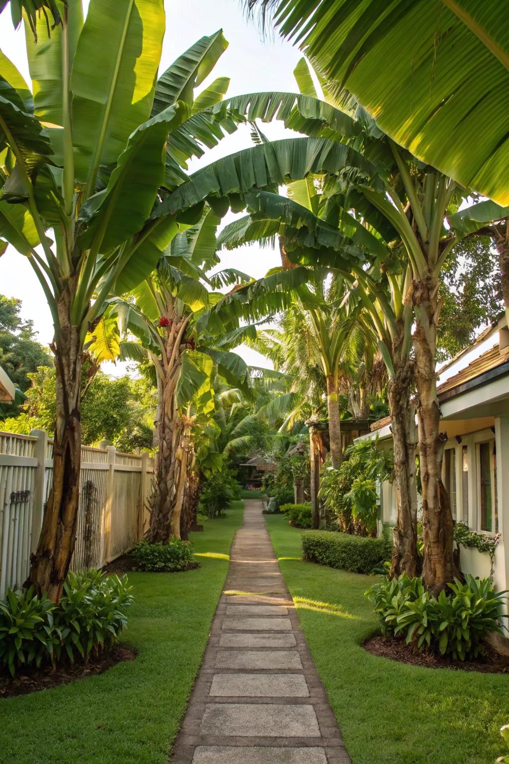 Craft a grand entrance with banana trees lining your garden walkway.