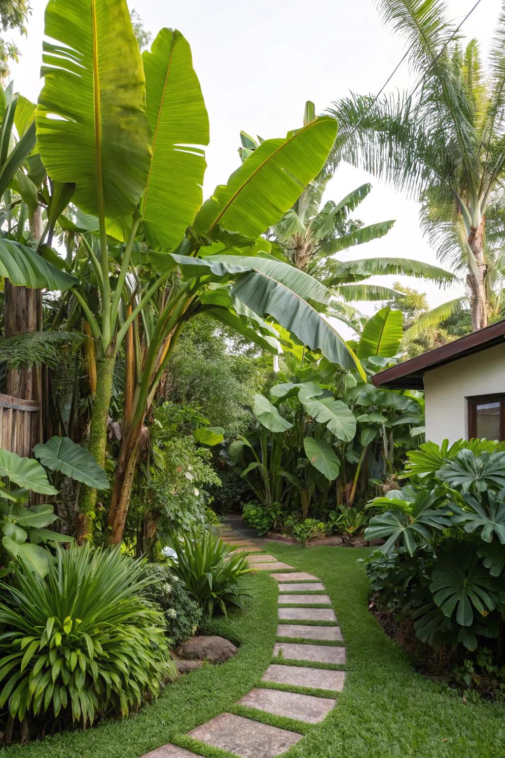 Achieve an exotic atmosphere with varied foliage around banana trees.