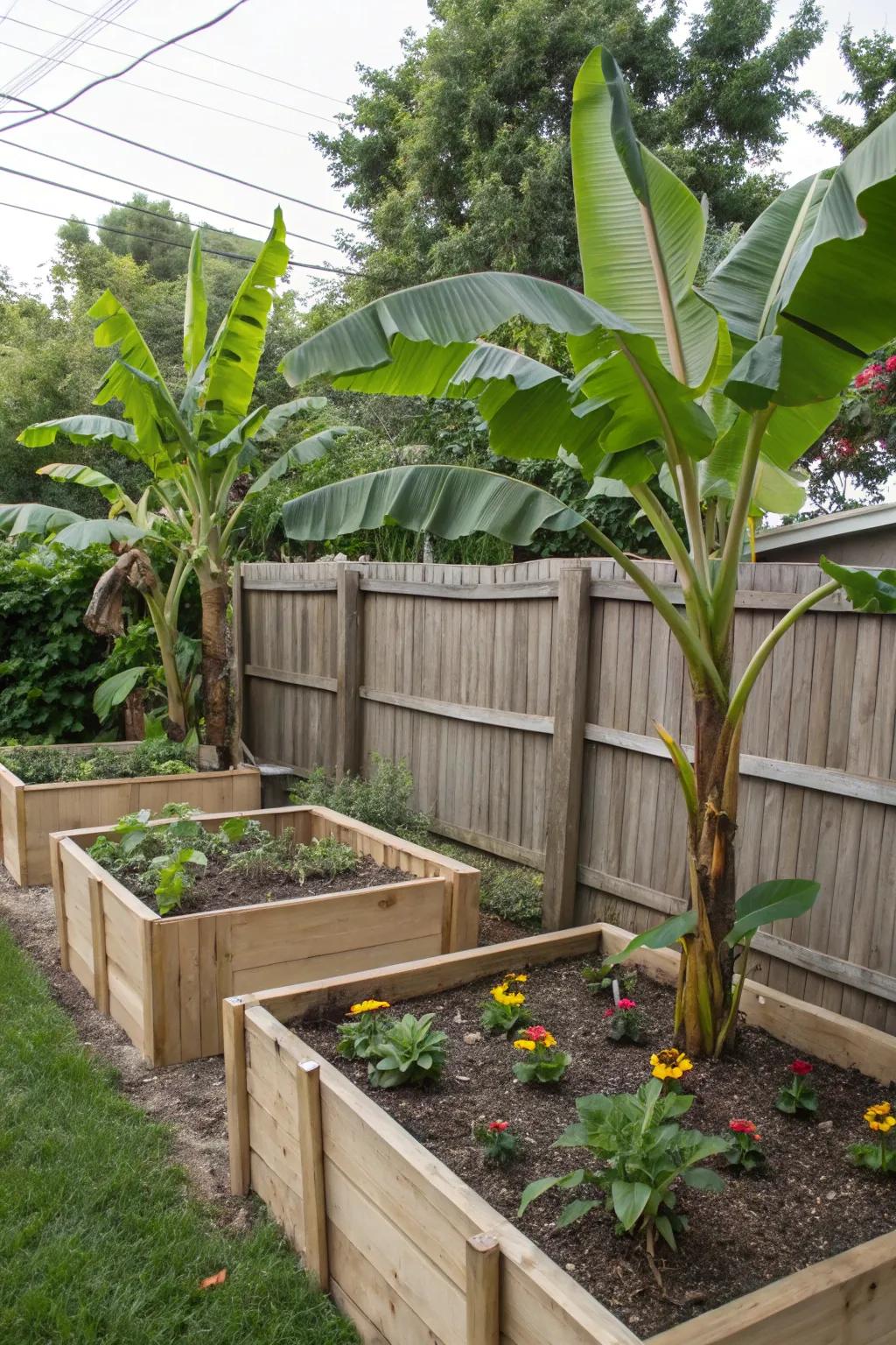 Maintain organized banana trees with raised garden beds.