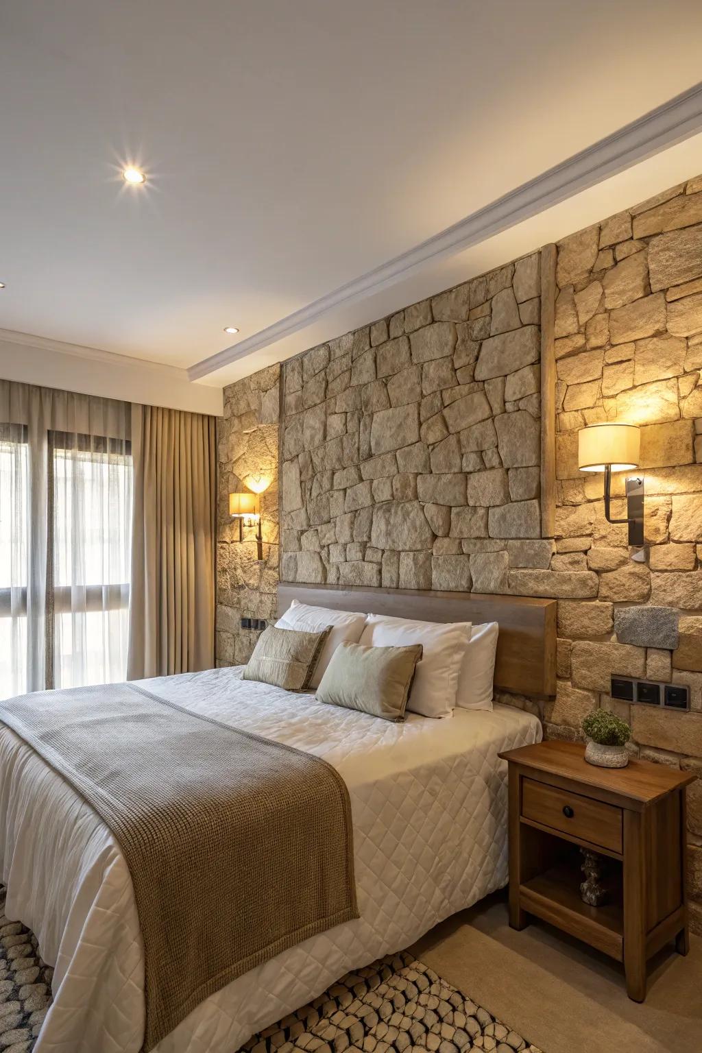 Stone textures bring a bold and natural ambiance to your bedroom.