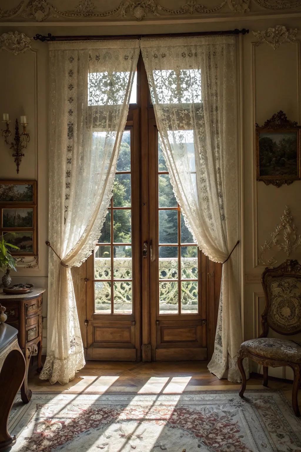 Lace curtains add airy vintage charm to French doors.