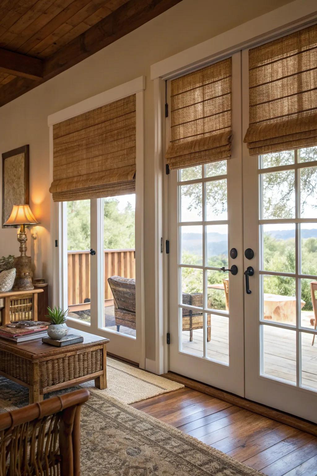 Bamboo shades bring organic warmth and privacy to French doors.