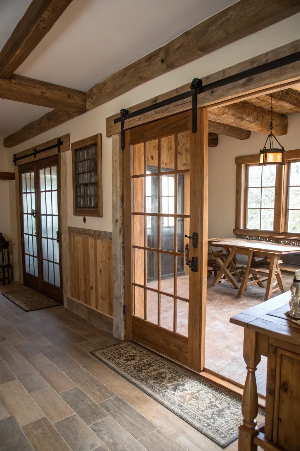 Barn door sliders add rustic charm and practicality to French doors.