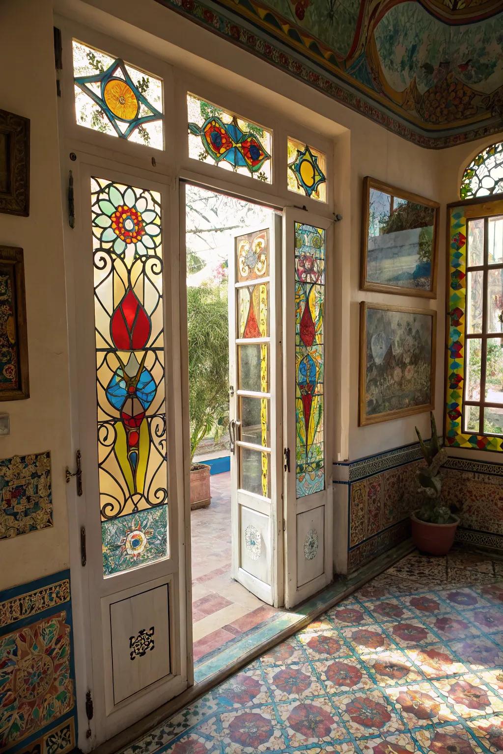 Stained glass panels add colorful artistry to French doors.