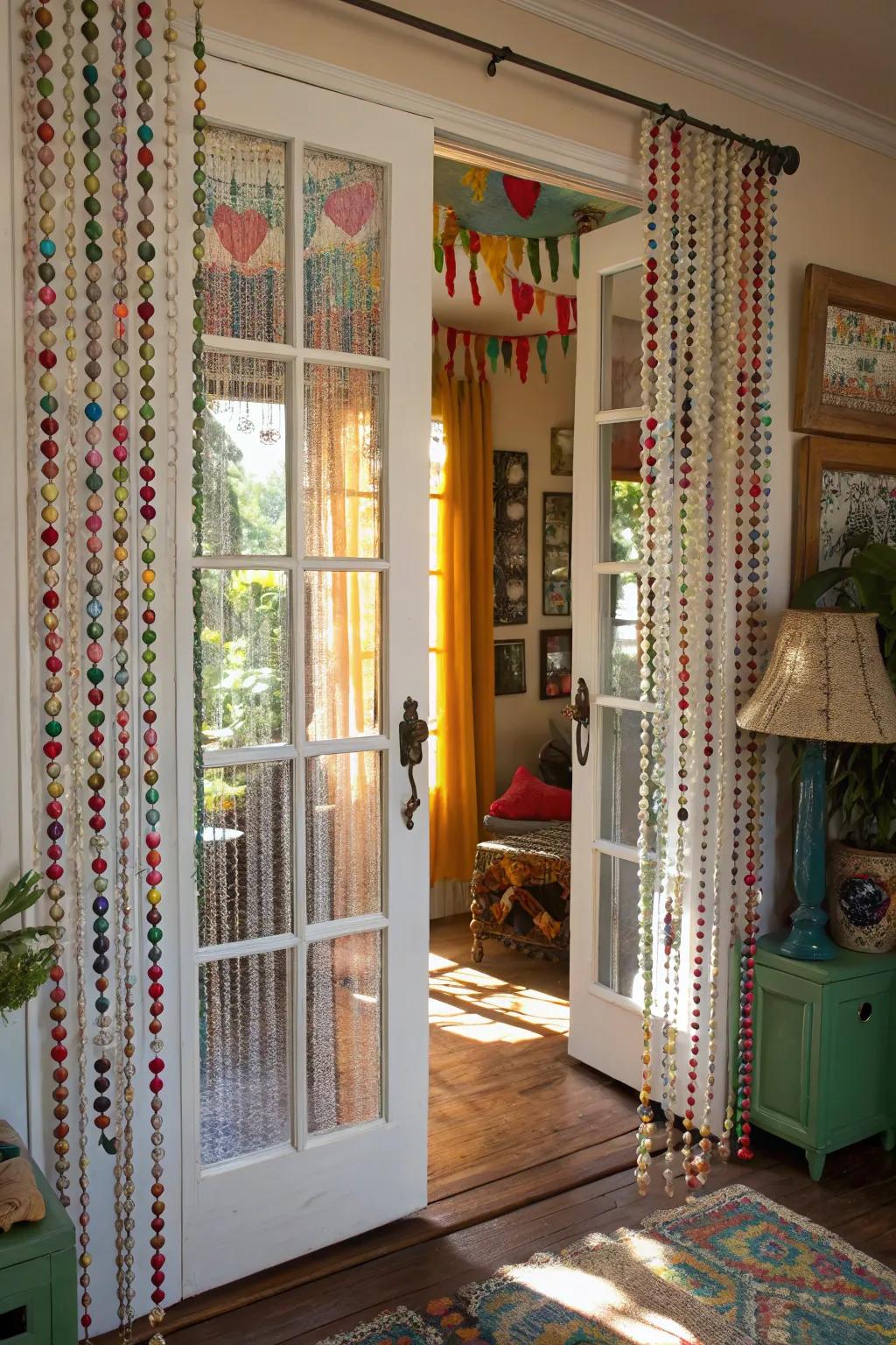 Beaded curtains add a playful and eclectic flair to French doors.