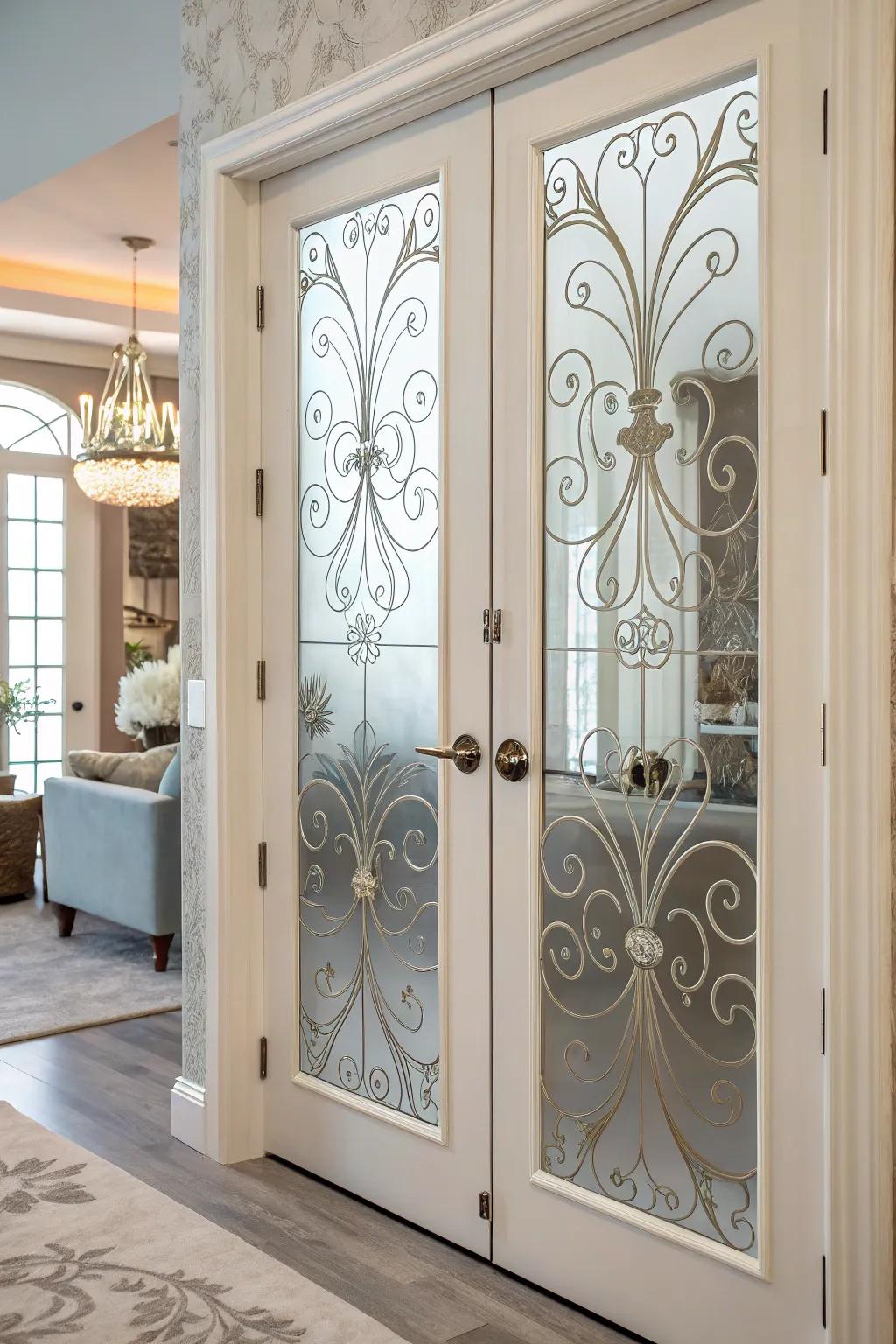 Frosted glass films add privacy and artistic flair to French doors.