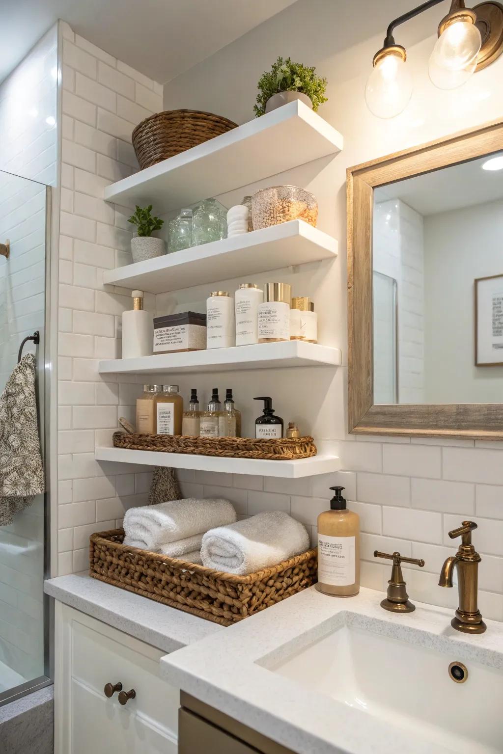 Open shelving adds practicality and style to your restroom.