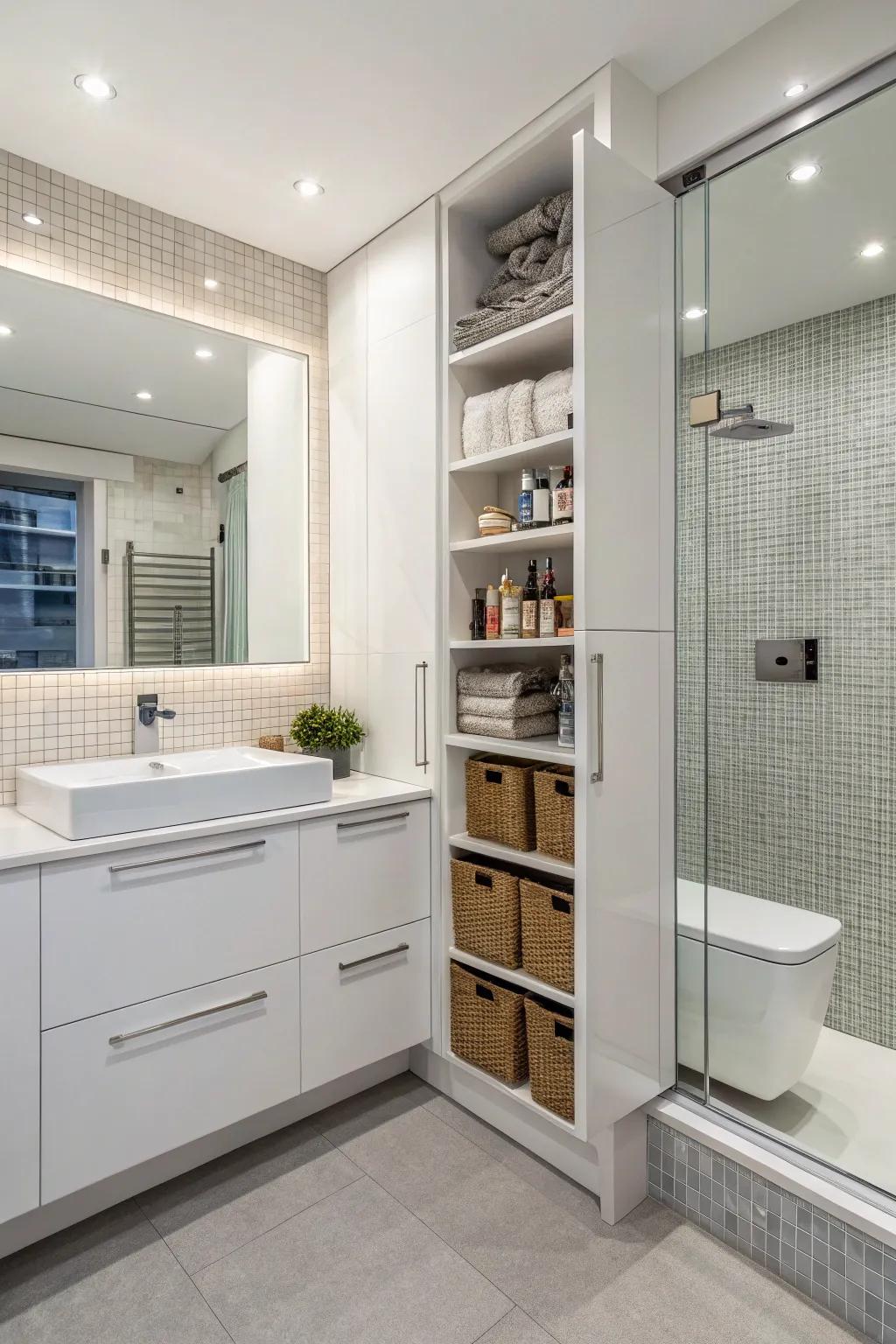 Smart storage keeps your restroom tidy and clutter-free.