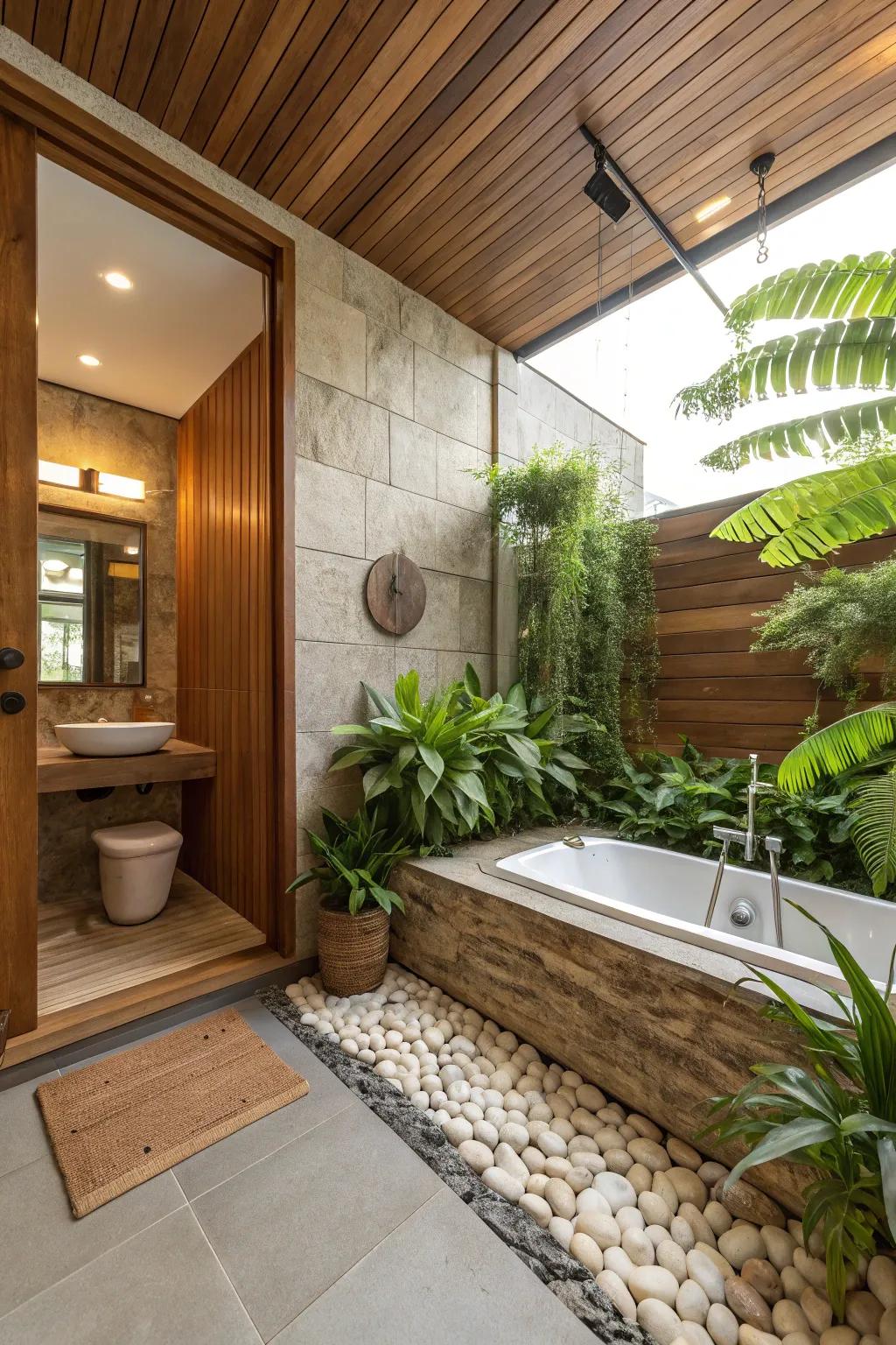 Natural elements make a peaceful and inviting restroom setting.