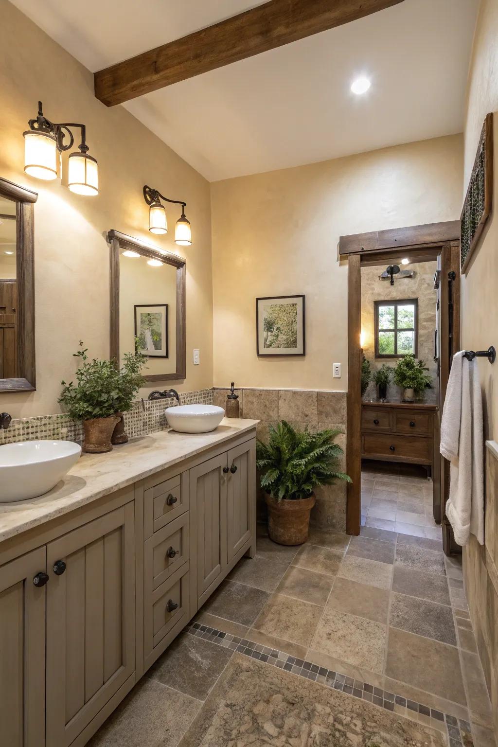 Neutral colors create a calm and peaceful restroom vibe.