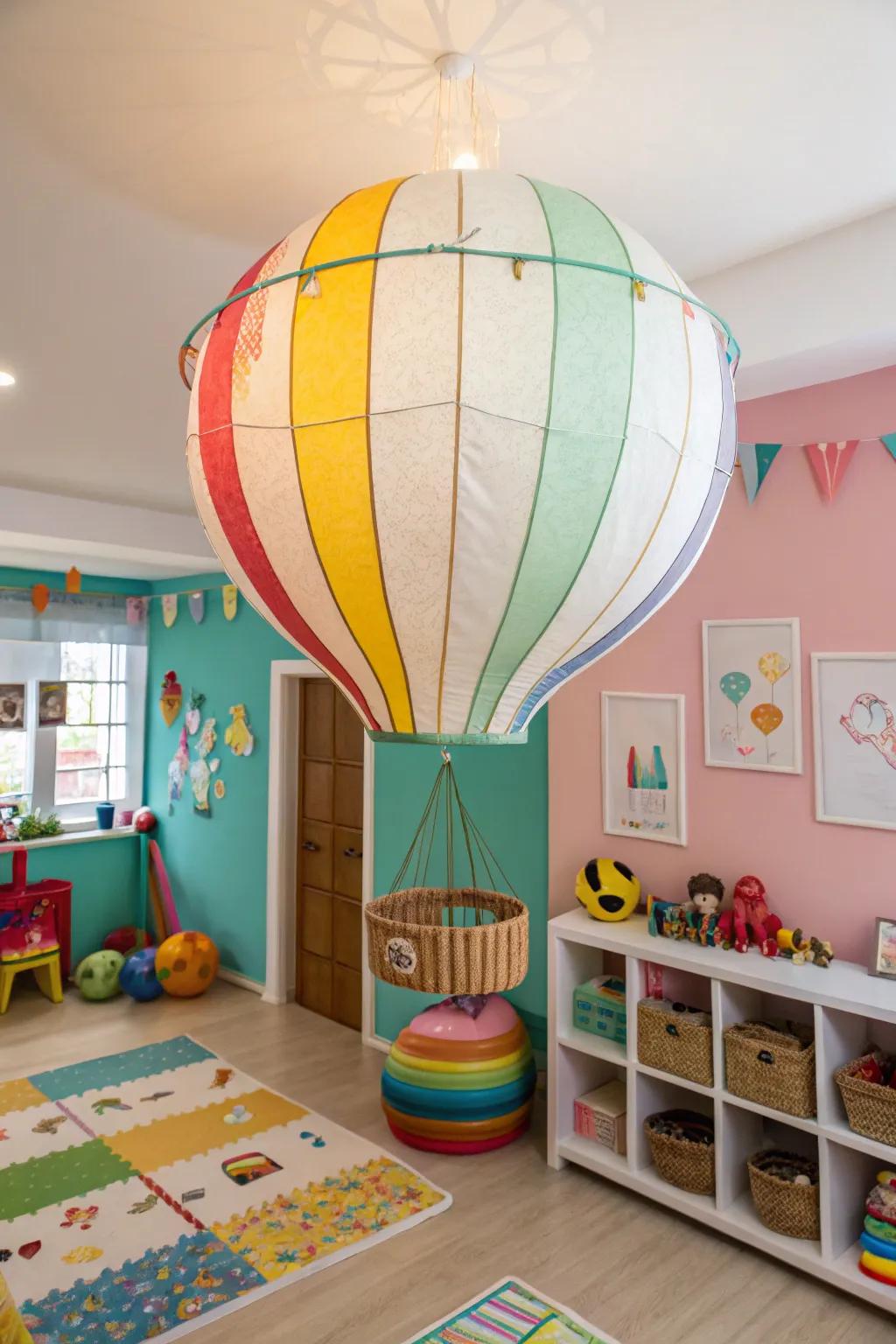 A whimsical balloon light fixture establishes a playful ambiance in a playroom.