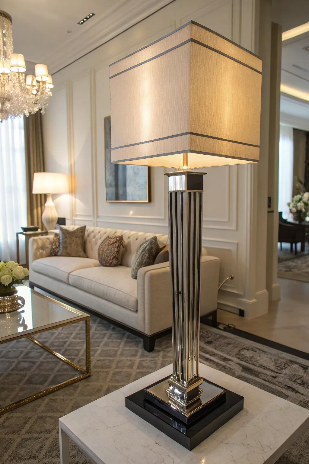 A functional art lamp functions as an ornamental element in a living area.