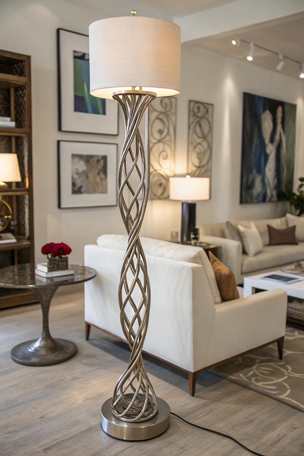 A sculptural metal light fixture functions as a centerpiece in a fashionable living area.