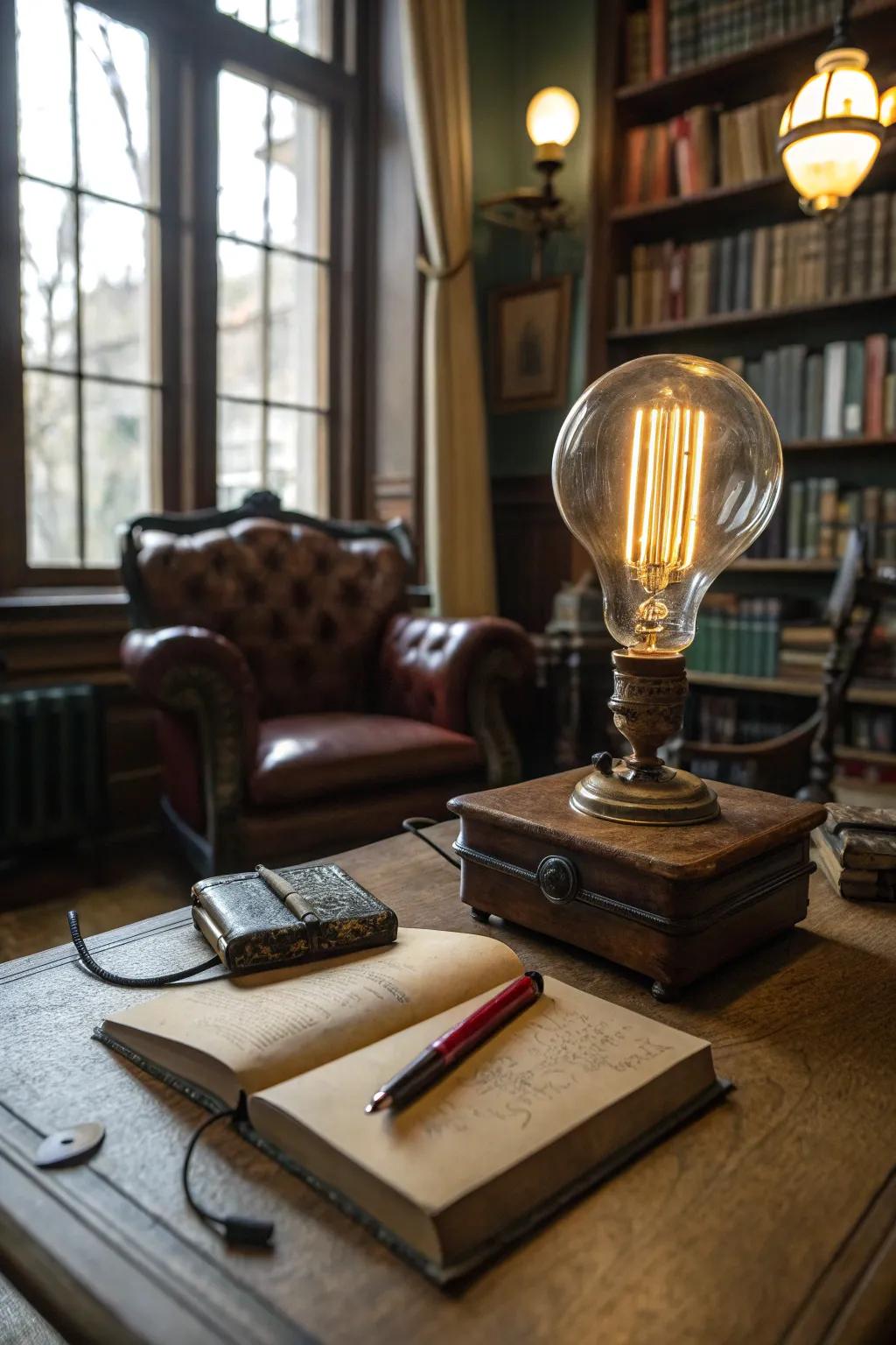 An Incandescent bulb light fixture casts a cozy, nostalgic radiance in a study.
