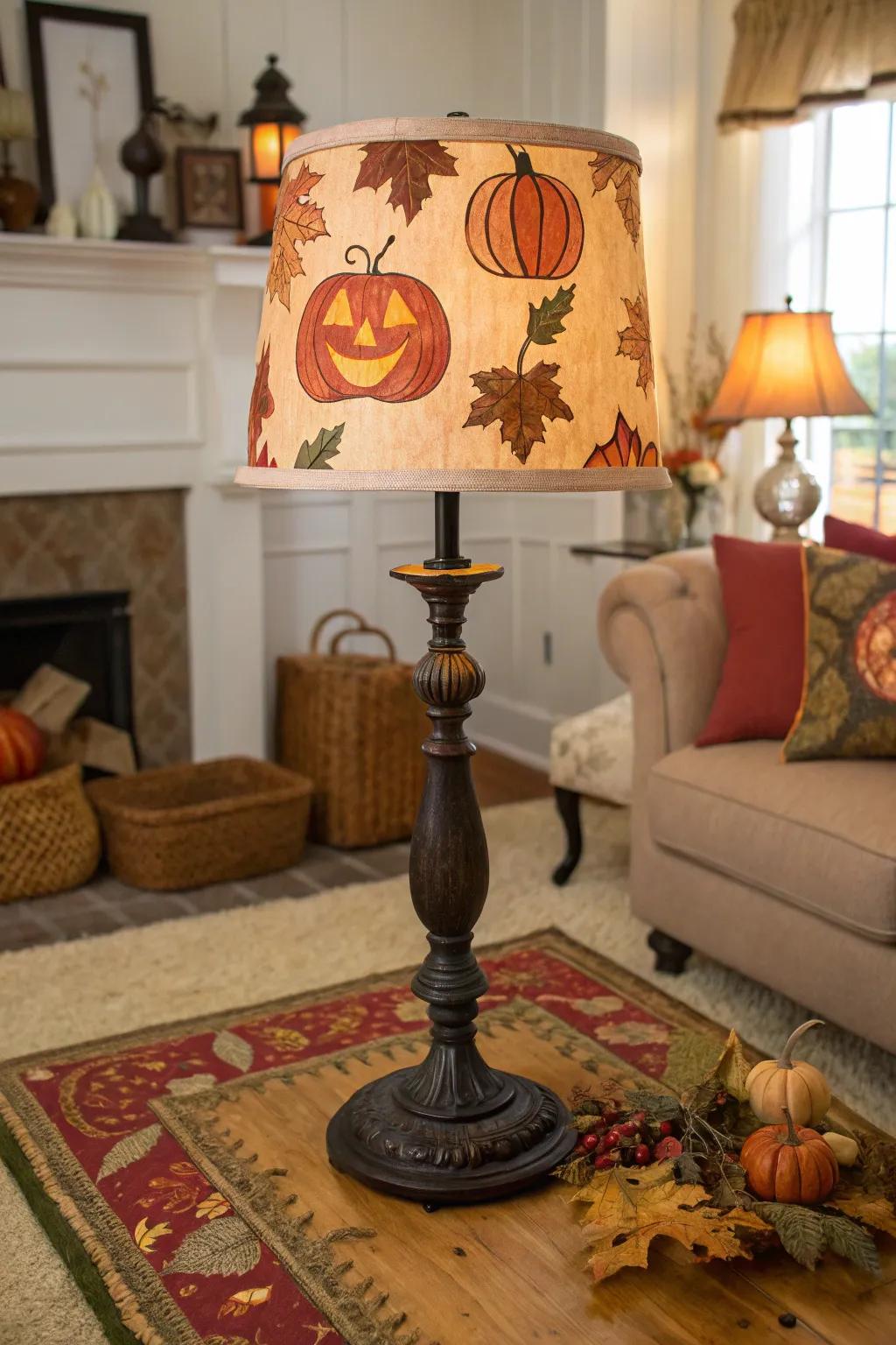 A pumpkin-themed lamp enhances a living room with a festive touch.
