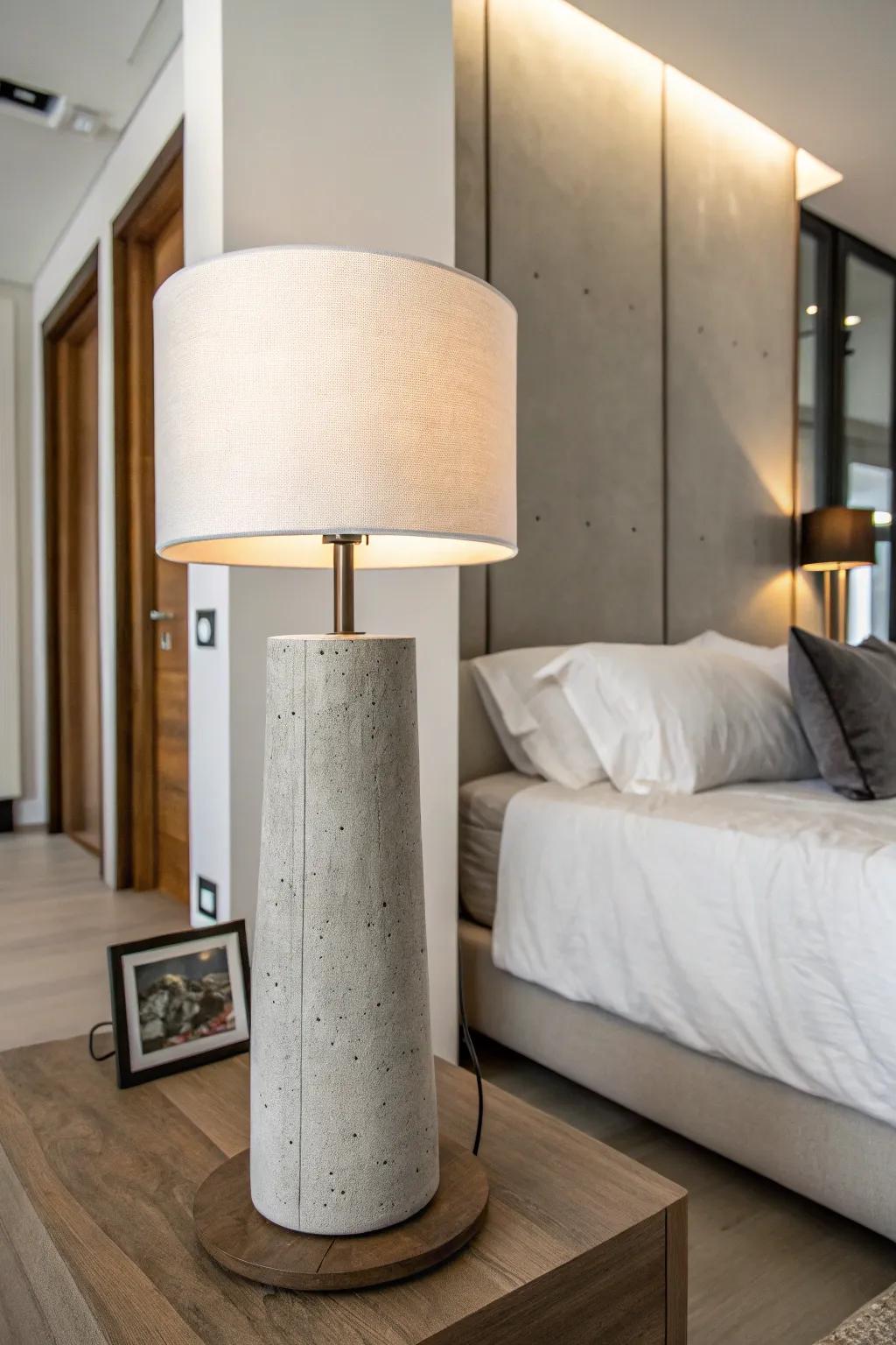 A minimalist concrete light fixture elevates the contemporary style of a bedroom.