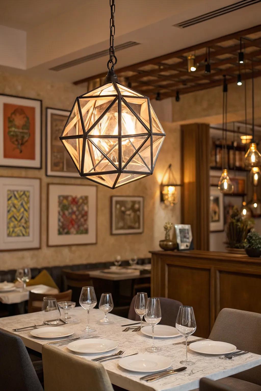 A geometric pendant light introduces artistic flair to a dining space.