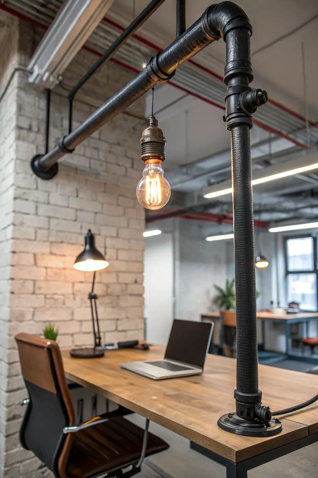 An industrial pipe light fixture elevates the contemporary appearance of a home office.
