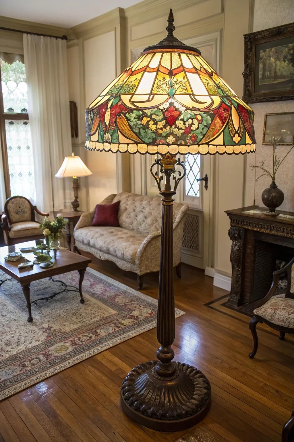 A Tiffany-style light fixture incorporates refinement with its stained-glass design.