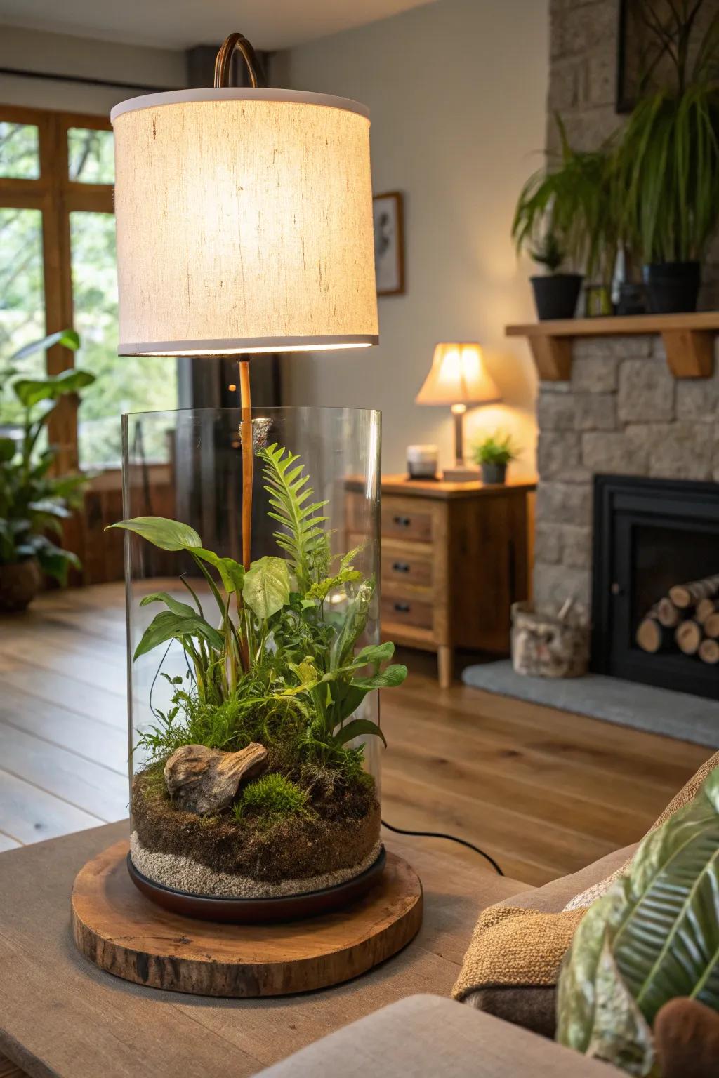 A terrarium light fixture introduces greenery and illumination to a living space.