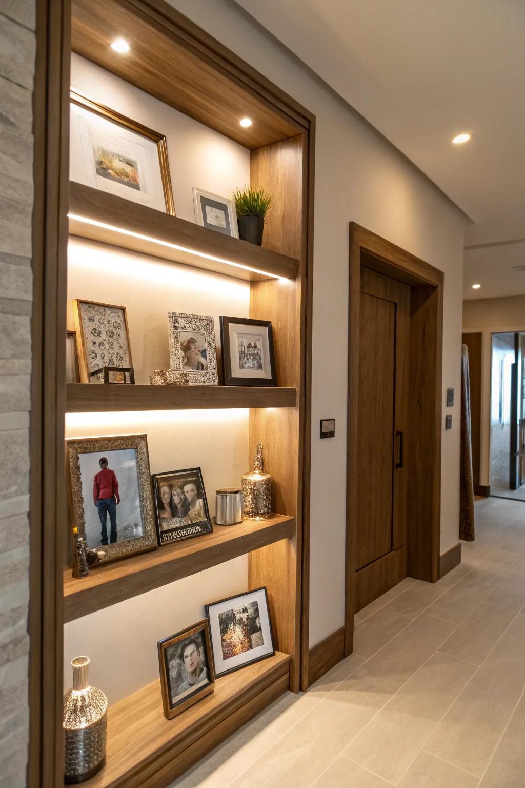 Shelving introduces measurement and display capacity to this entryway alcove.