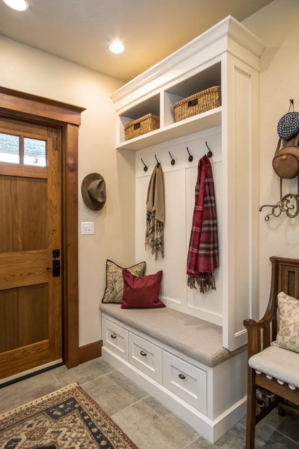 A functional alcove with seating and pegs for everyday convenience.