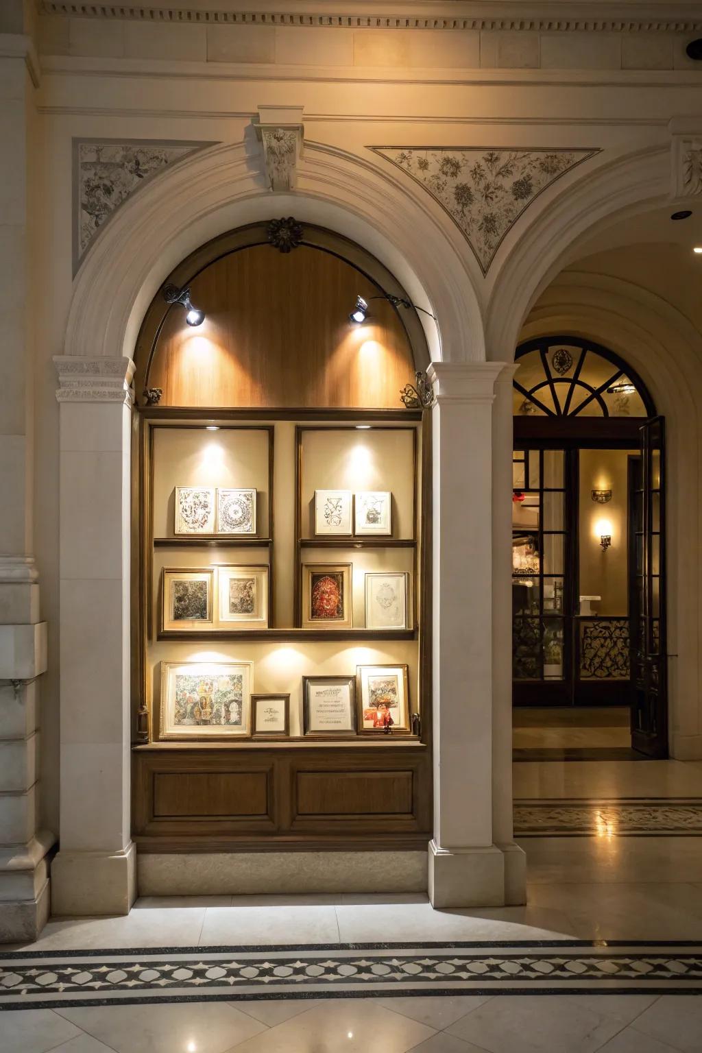 Beams impart spectacle and emphasis to this art-filled alcove.