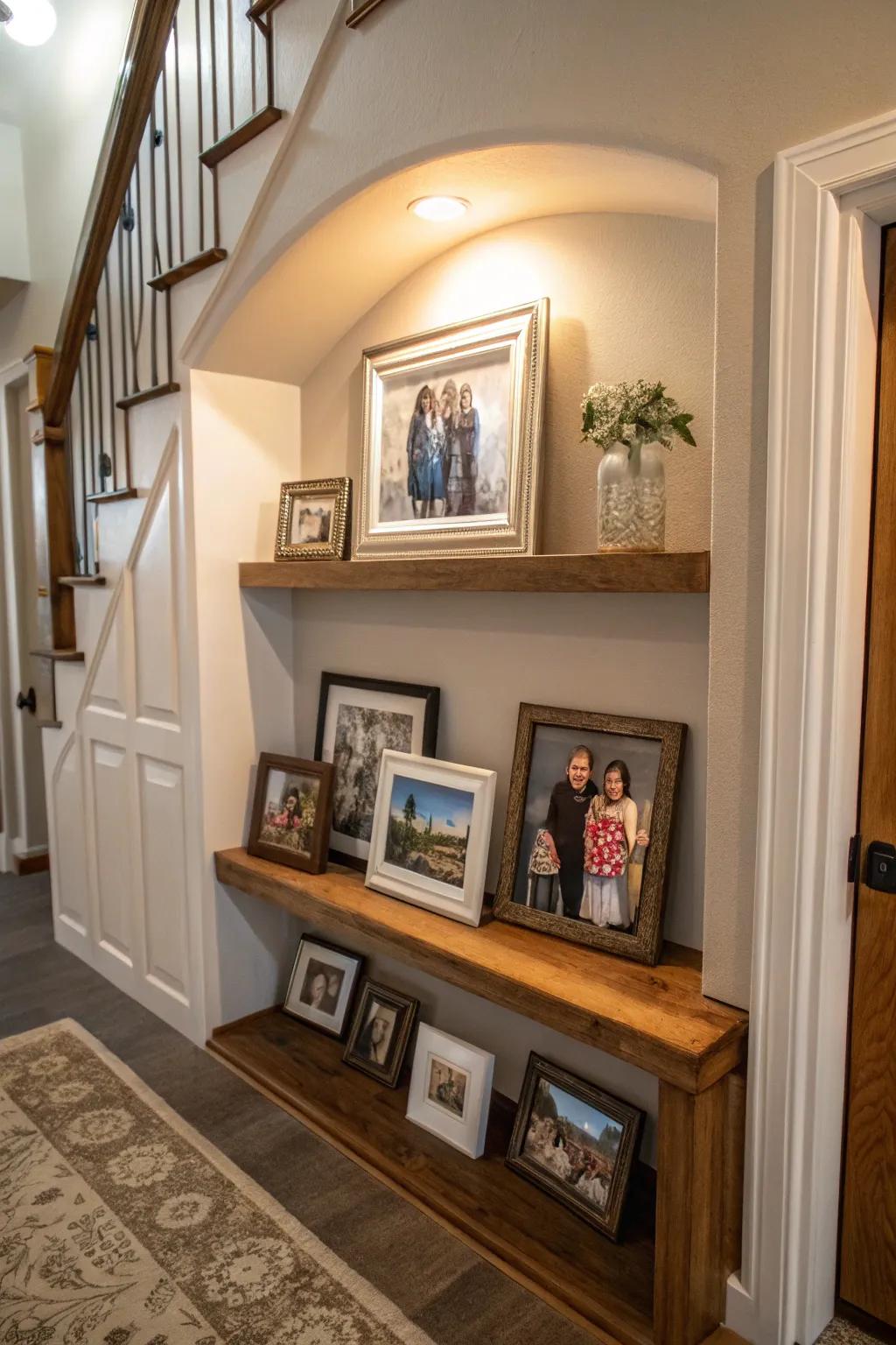 Family portraits personalize this alcove, making it inviting and warm.