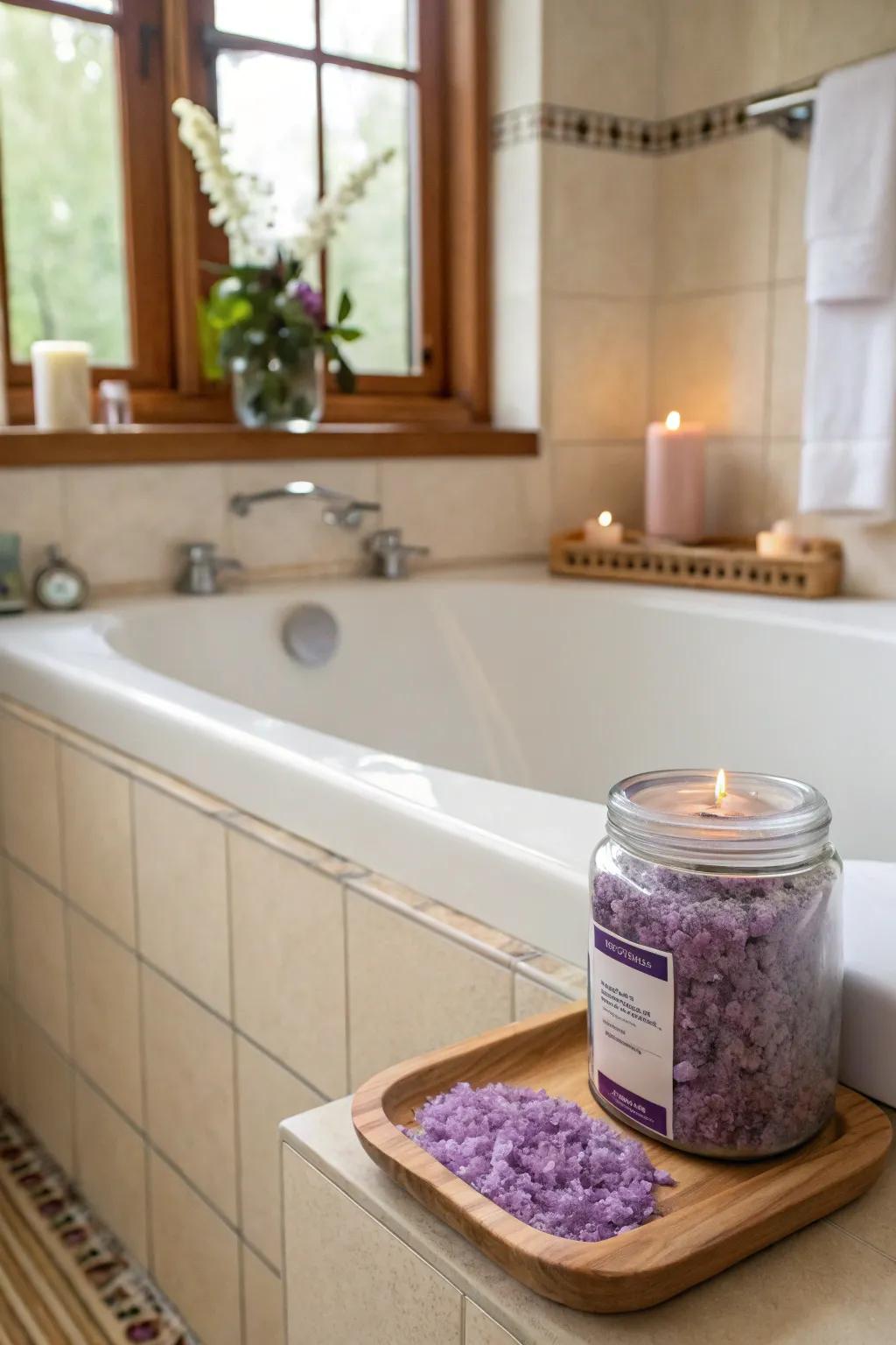 Indulge in a soothing bath with self-made lavender soak crystals.