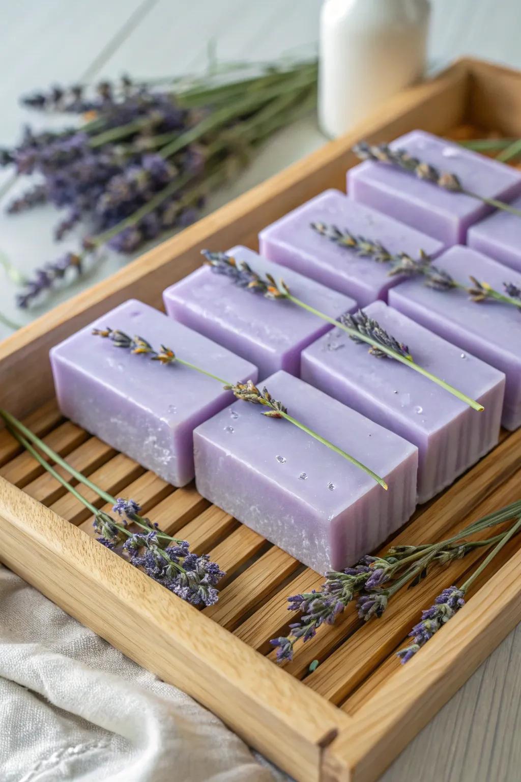Elevate your bathing experience with self-made lavender cleansing bars.