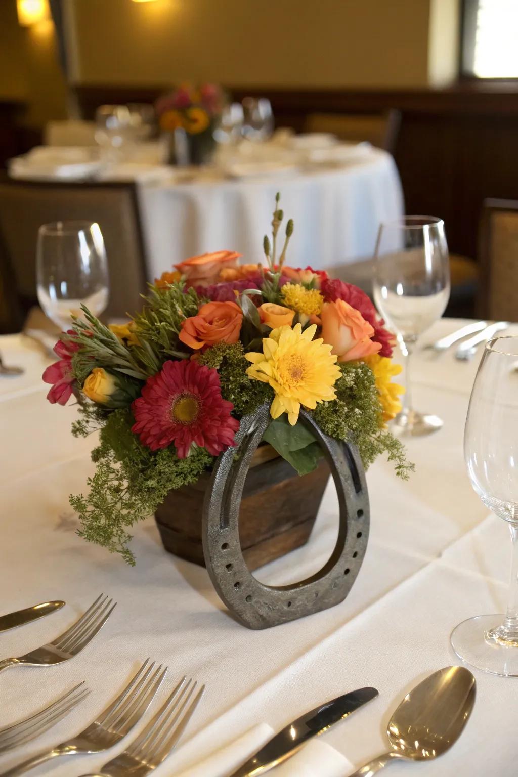 A vibrant floral centerpiece using a horse collar as its foundation.