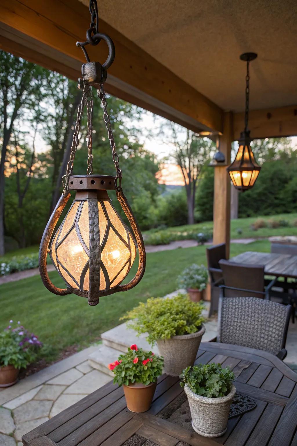 A horse collar converted into a charming outdoor pendant light.