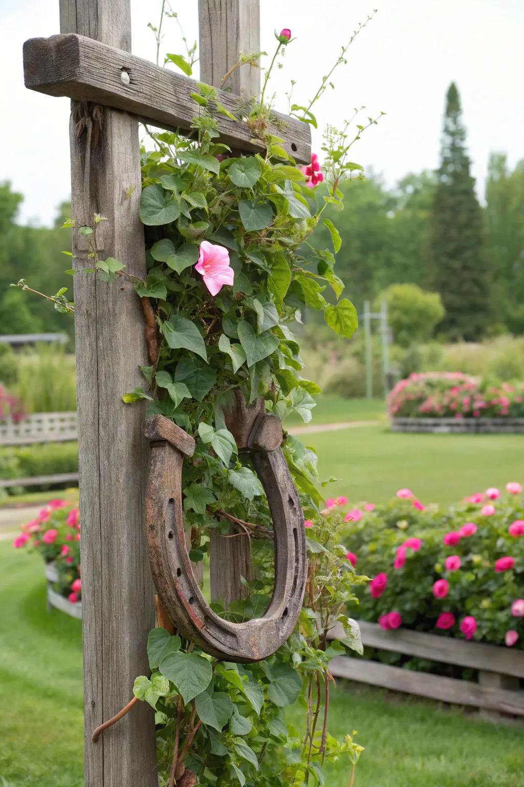 A horse collar repurposed as a charming garden trellis.