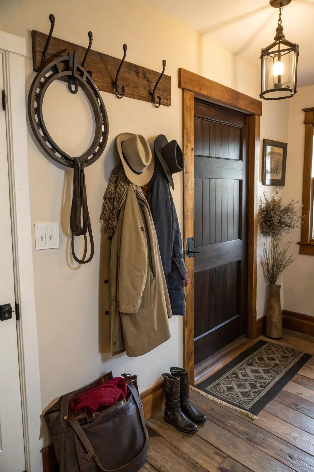 A horse collar converted into a functional and stylish coat rack.