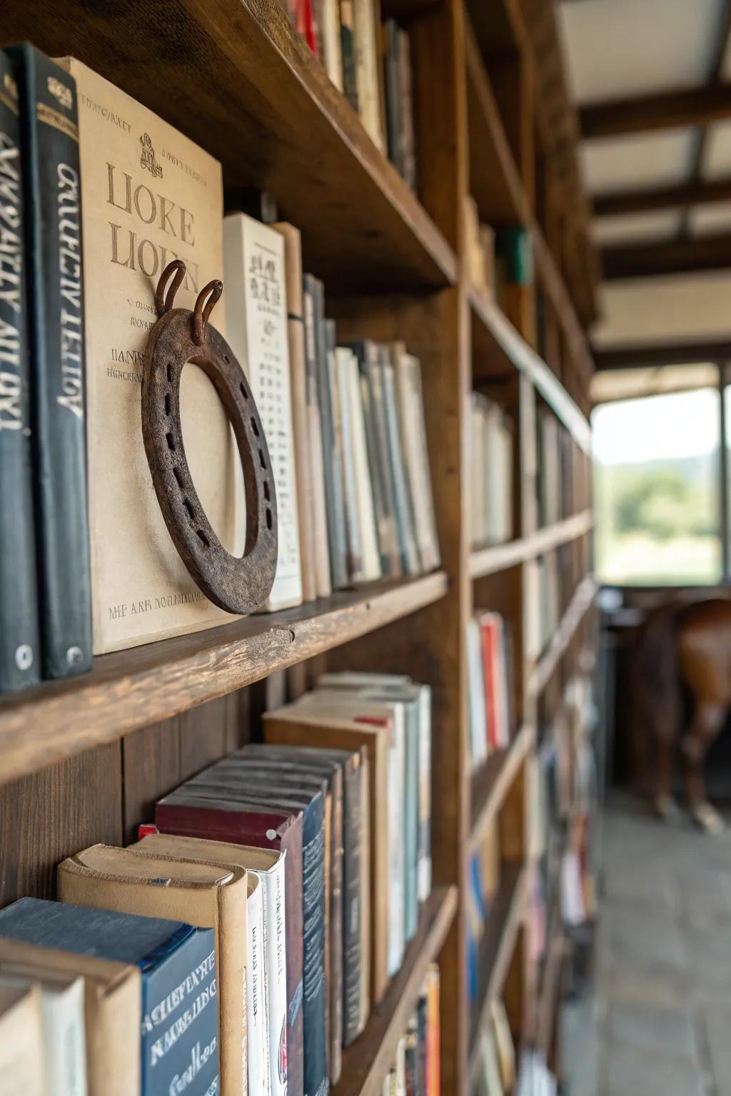 A horse collar adding a rustic accent to a bookshelf.