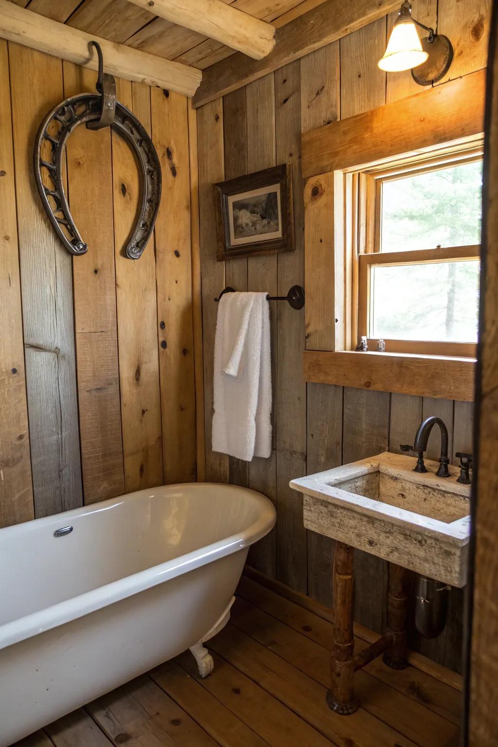 A horse collar repurposed as a towel rack in a country-style powder room.