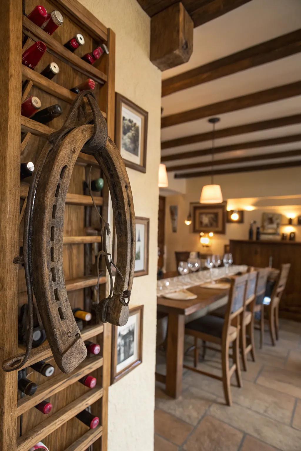 A horse collar creatively repurposed as a wine rack.