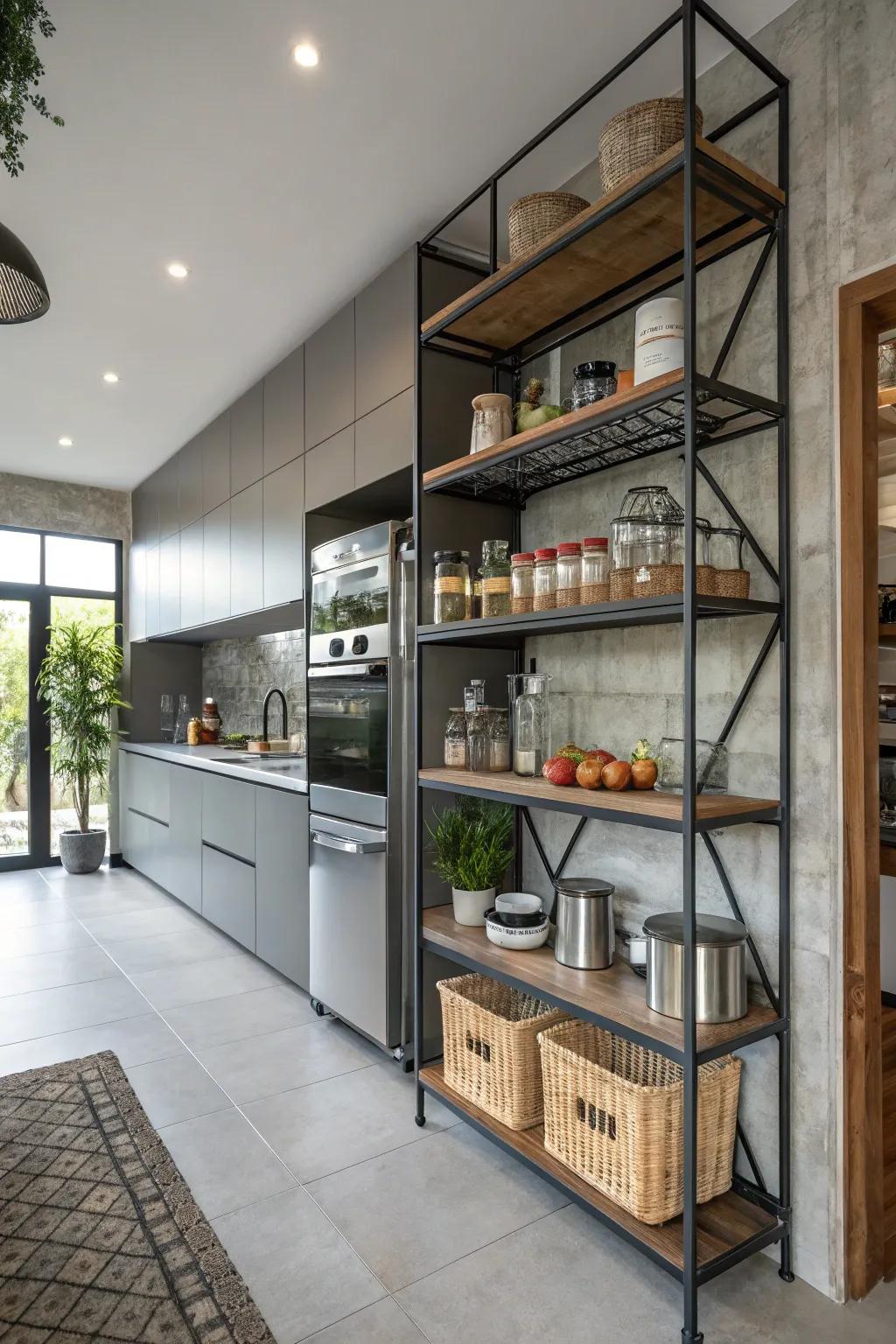 Industrial elements add a modern edge to your pantry.
