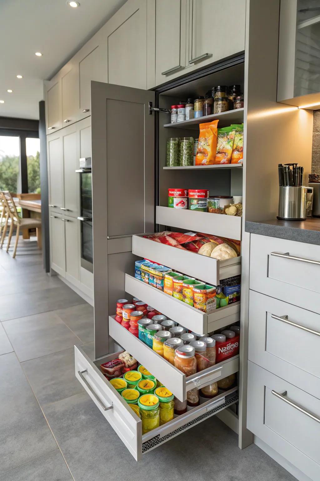 Pull-out drawers offer easy access and organization.