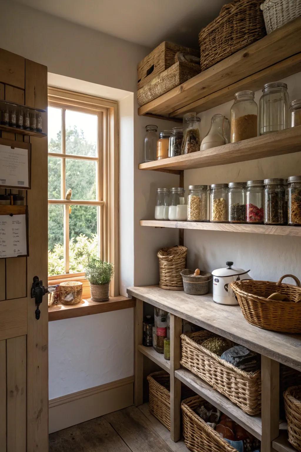 Natural elements create a warm and inviting pantry.