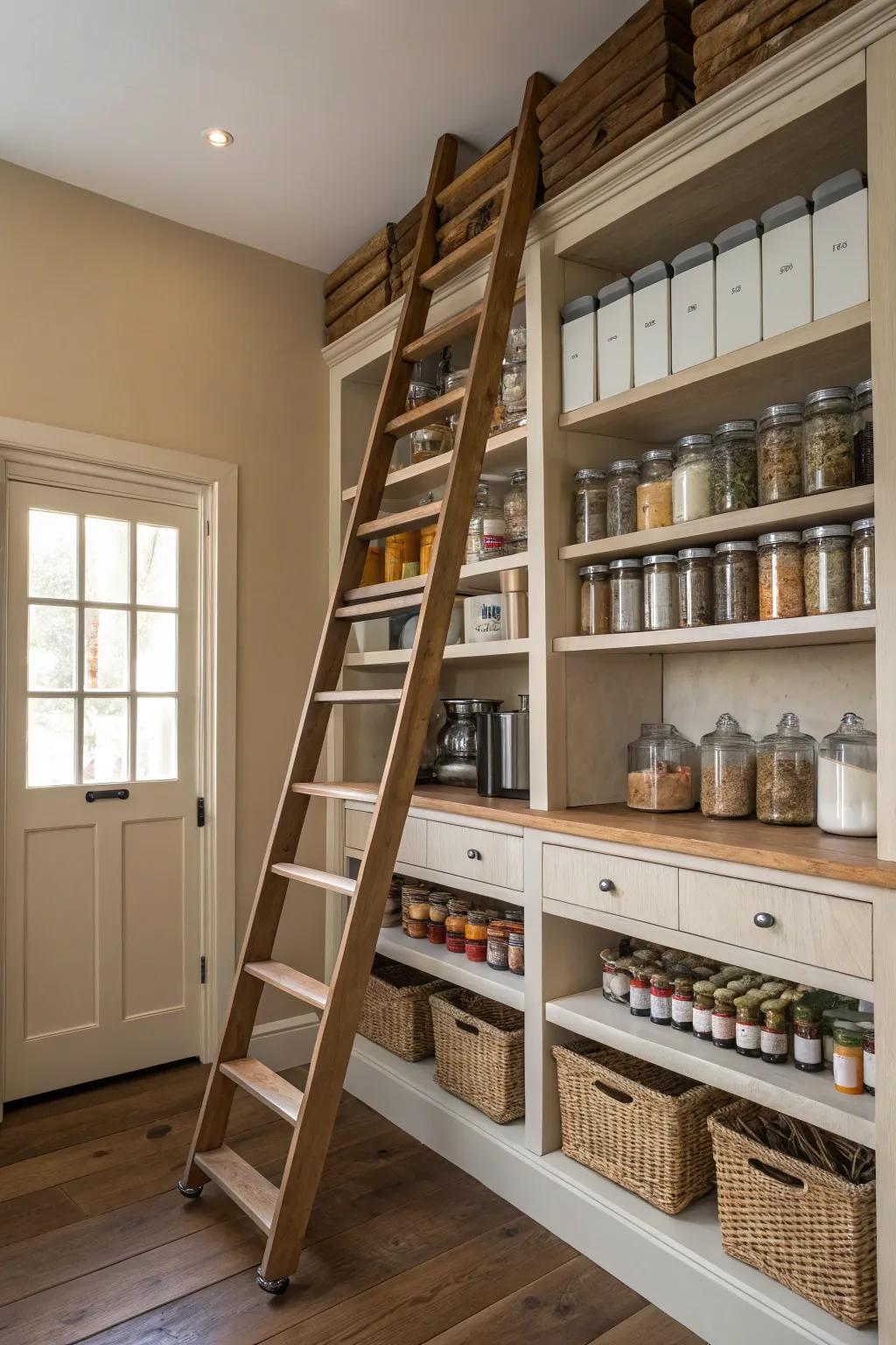 A sliding ladder adds elegance and accessibility to high shelves.