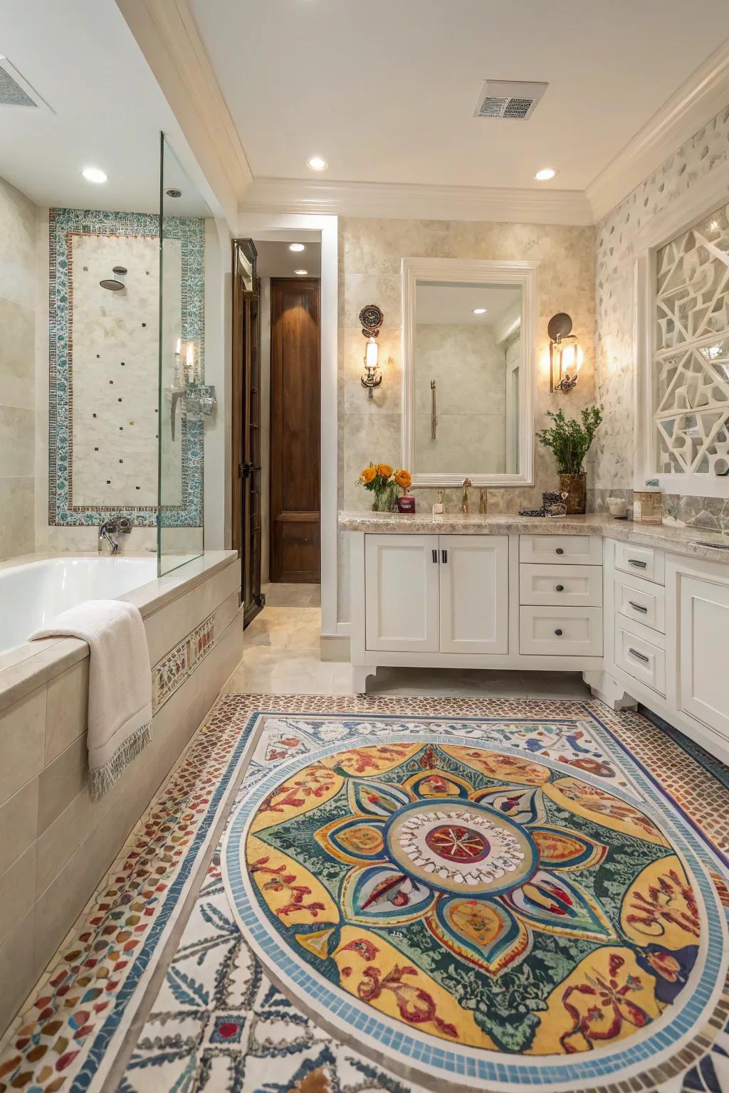 Vibrant mosaic tiles create artistic expression.