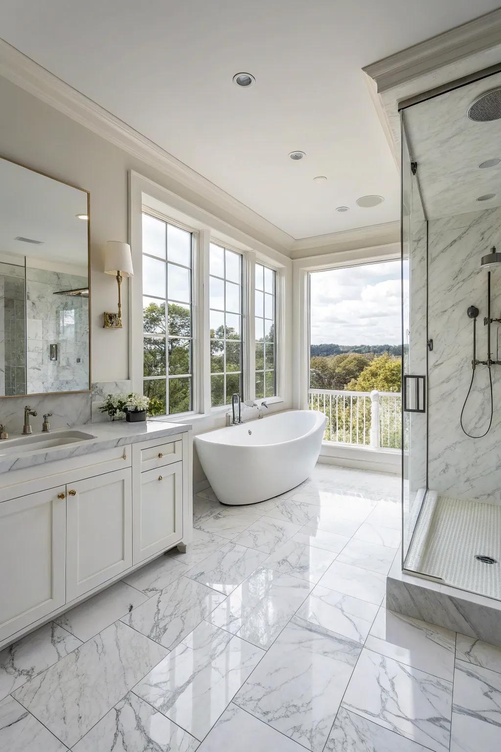 White marble flooring exudes timeless sophistication.