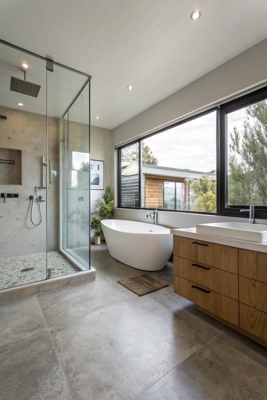 Concrete flooring offers a modern, minimalist look.