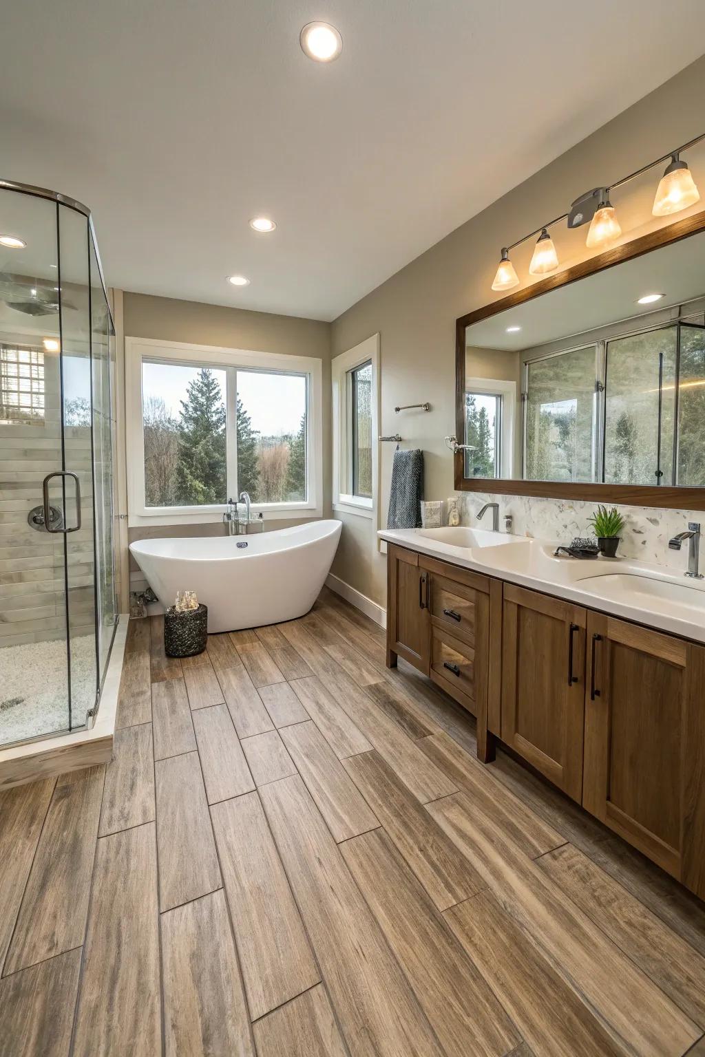 Porcelain tiles with a wood look provide a cozy yet durable alternative.