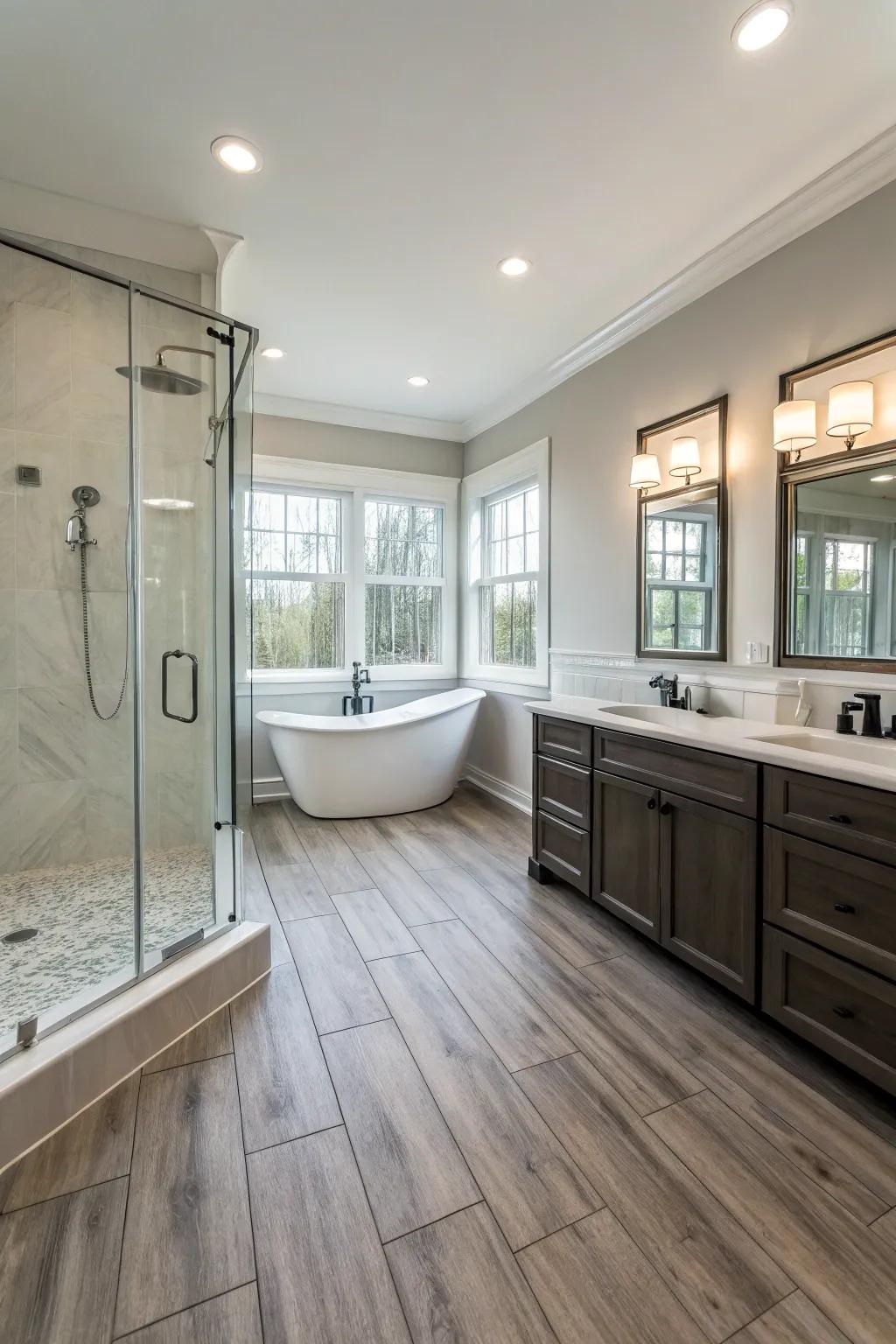 Vinyl planks provide wood look with durability.