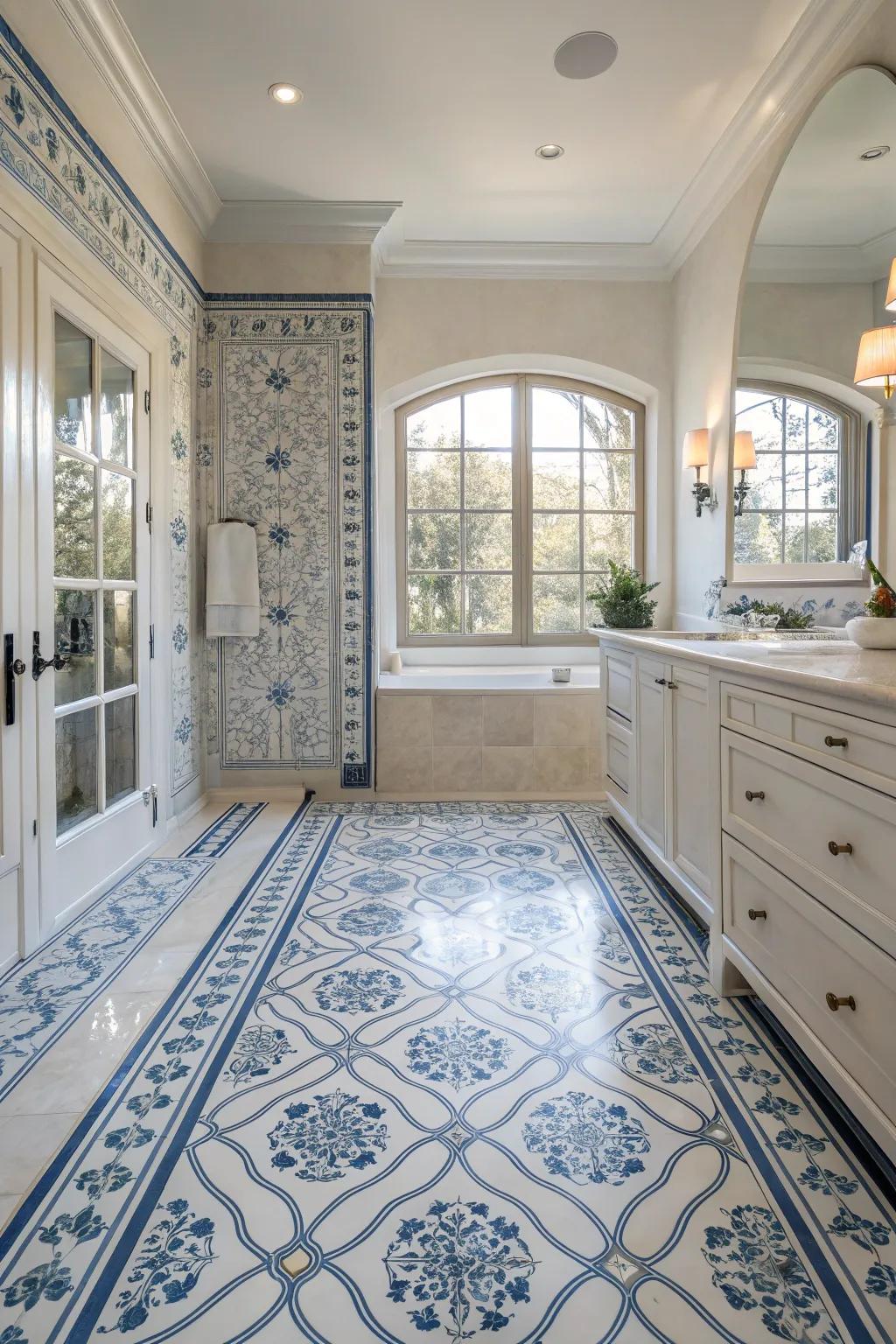 Blue and white tiles evoke Mediterranean tranquility.